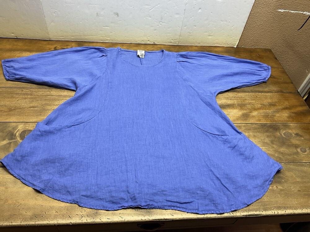 Match Point USA Linen Tunic Top Blue Women's Medium Lagenlook Pockets Boho